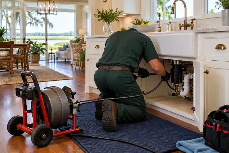 Technician kneeling at an open kitchen sink cabinet beside a red drain machine