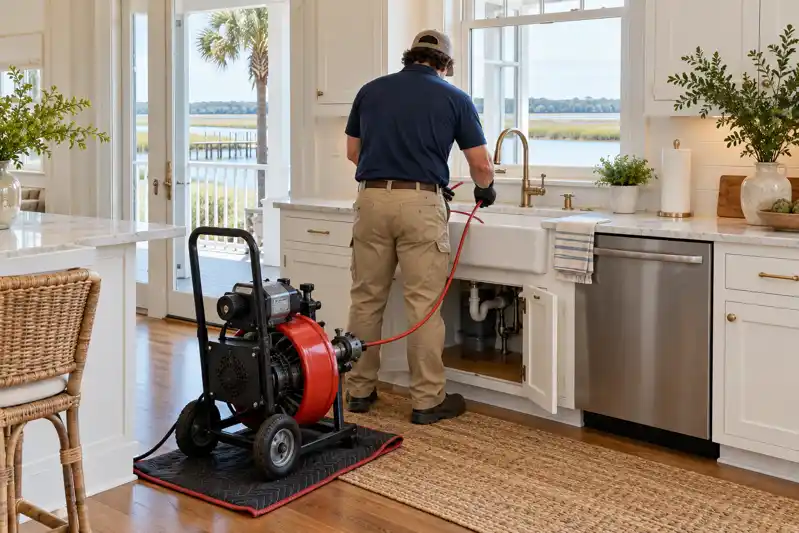 Technician working at a kitchen sink with a red drain machine beside the cabinet