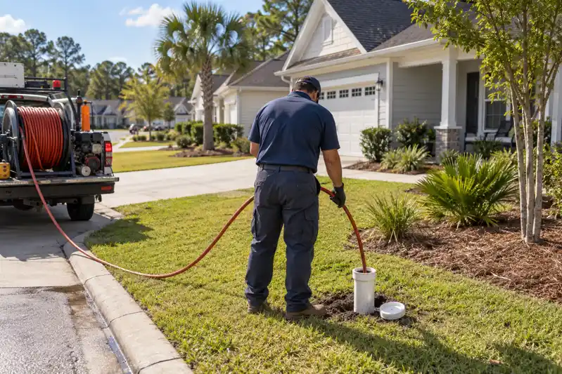 Technician feeding a hose into an outdoor cleanout beside a lawn and service truck