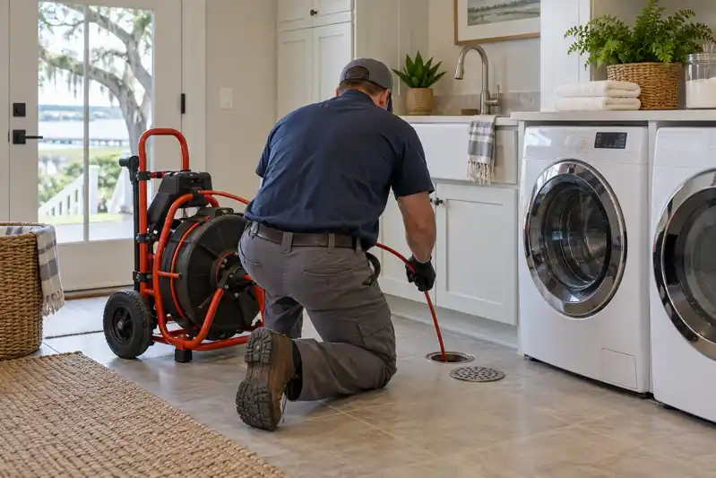Technician feeding a cable into a floor drain beside a washing machine and red cable reel