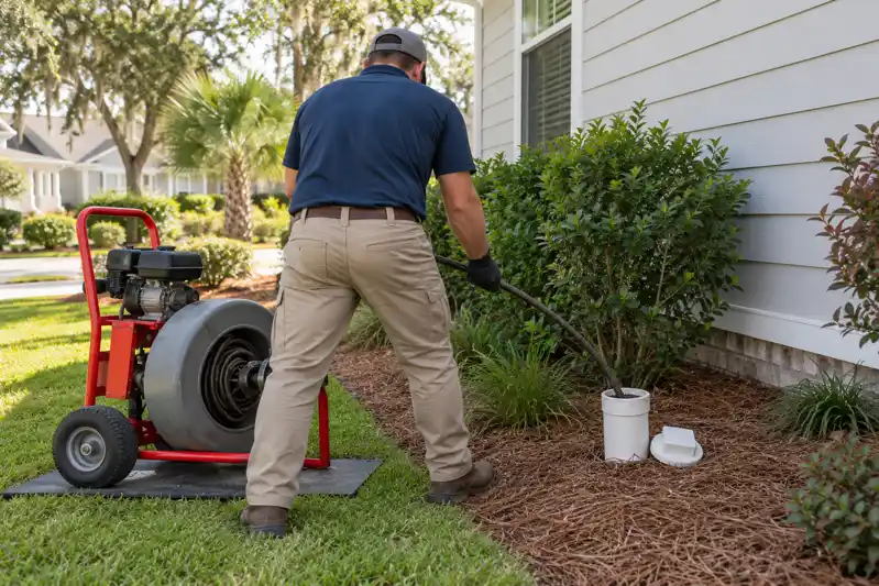 Technician guiding a drain cable toward an outdoor cleanout beside a house