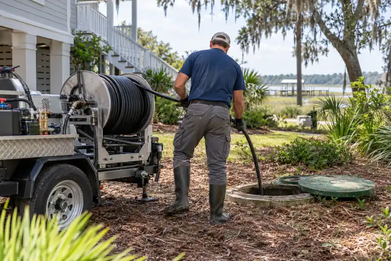 Technician guiding a hose beside an open round septic access cover and a service truck