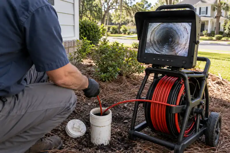 Technician at an outdoor cleanout watching a monitor displaying the inside of a sewer pipe