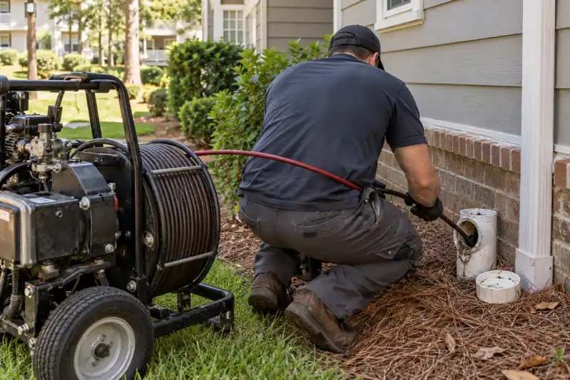 Technician feeding a drain cable into an outdoor cleanout beside an apartment building