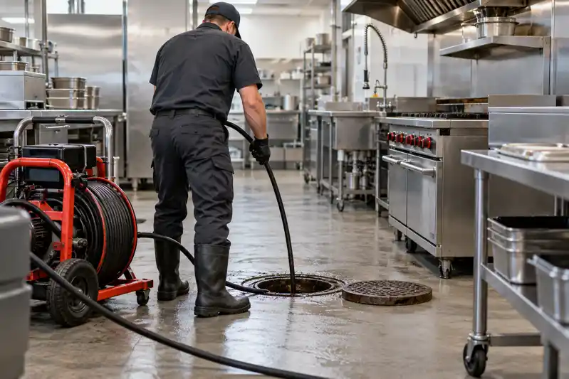 Technician using a drain machine at an open floor access point in a restaurant kitchen