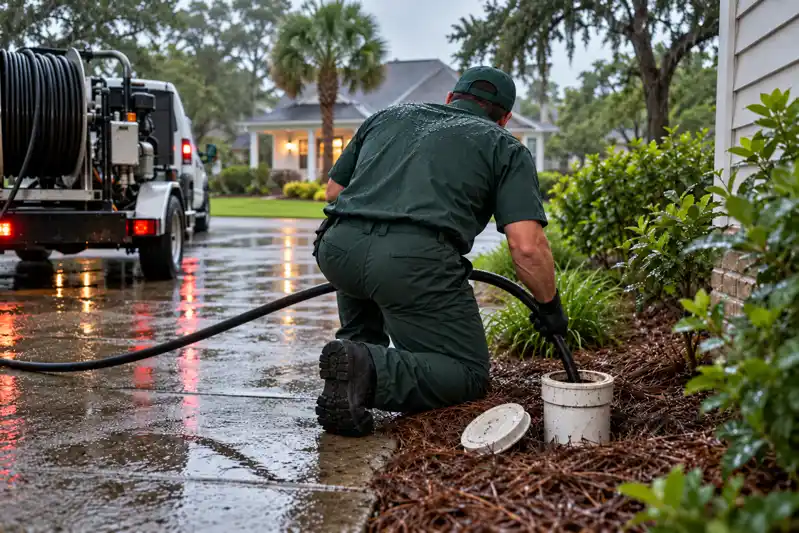 Technician kneeling at an outdoor cleanout on a wet driveway beside a service truck