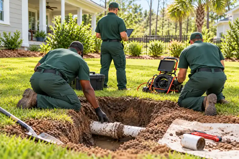 Three workers around an excavated drain pipe, with replacement pipe sections beside the trench