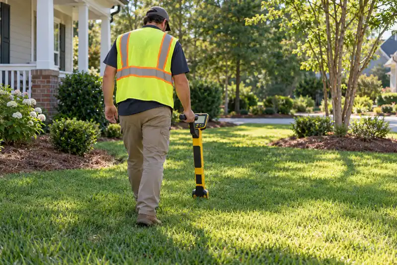 Technician in a high visibility vest using a handheld locator to trace a buried line across a lawn