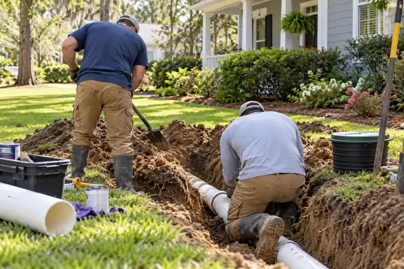 Two workers fitting a white sewer pipe in an excavated trench beside a house