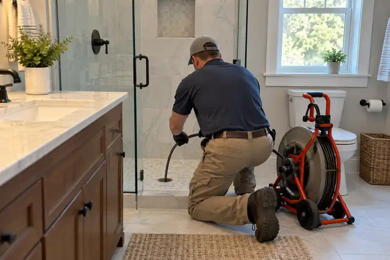 Technician feeding a cable into a shower drain beside a red drain machine
