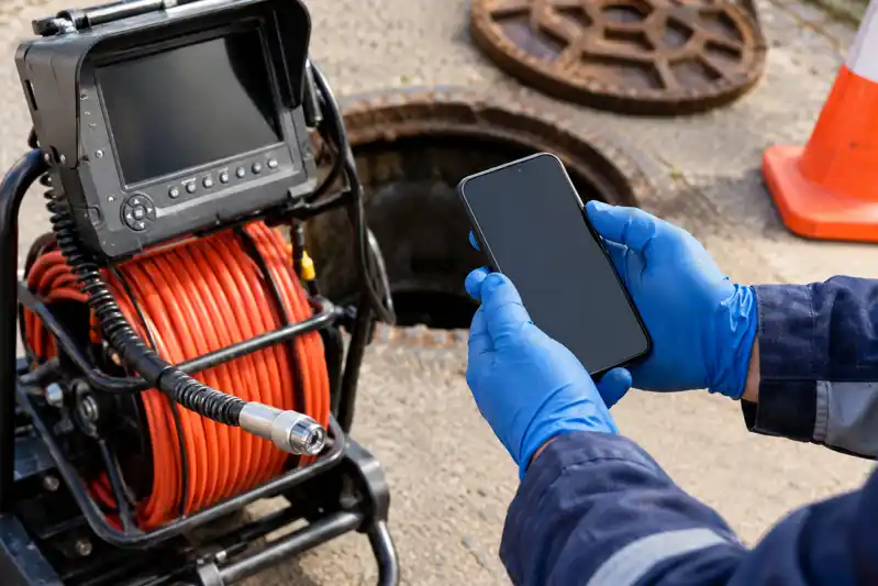 Gloved hands holding a smartphone beside a sewer camera monitor and red inspection cable reel